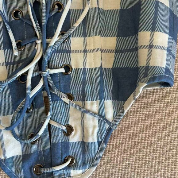 Selkie The Tea Towel  Duchess Corset Top Small Lace Up Blue White Check - Picture 6 of 9